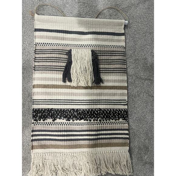Handwoven Tapestry w/ Fringe Home Decor Boho Farmhouse Morracan Cream Black - Picture 9 of 9